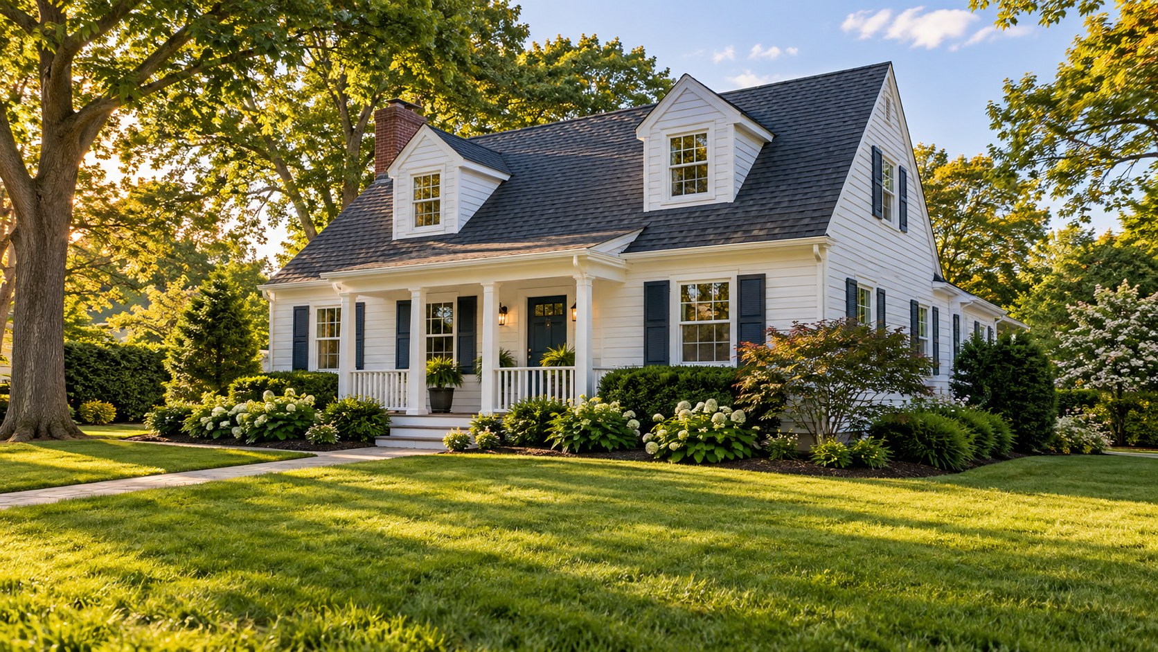 Well-kept suburban home with a porch, green lawn and mature trees